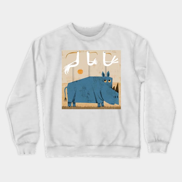 Rhino with three birds Crewneck Sweatshirt by Gareth Lucas